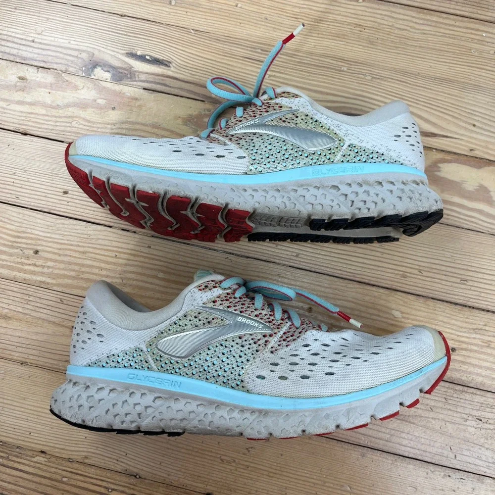Brooks Glycerin 16 Womens Running Shoes Size 9 White Blue Red athletic comfort